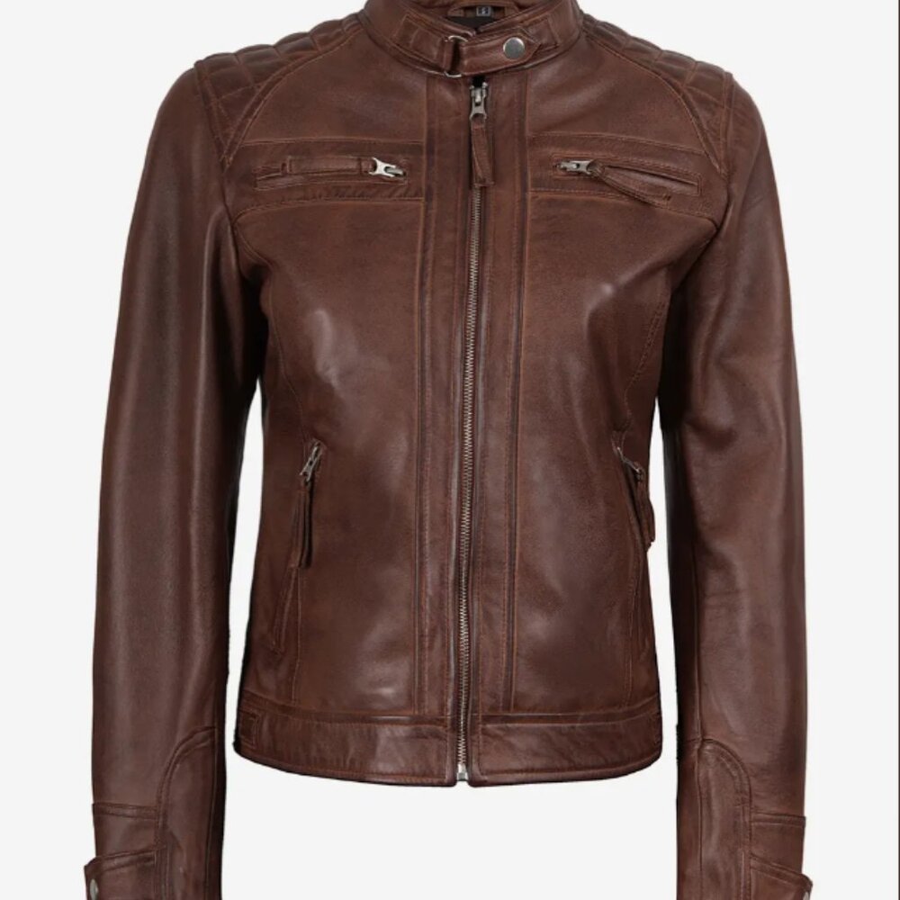 Cognac Leather Biker Style Jacket - Quilted Shoulder Sz XS - Picture 3 of 12